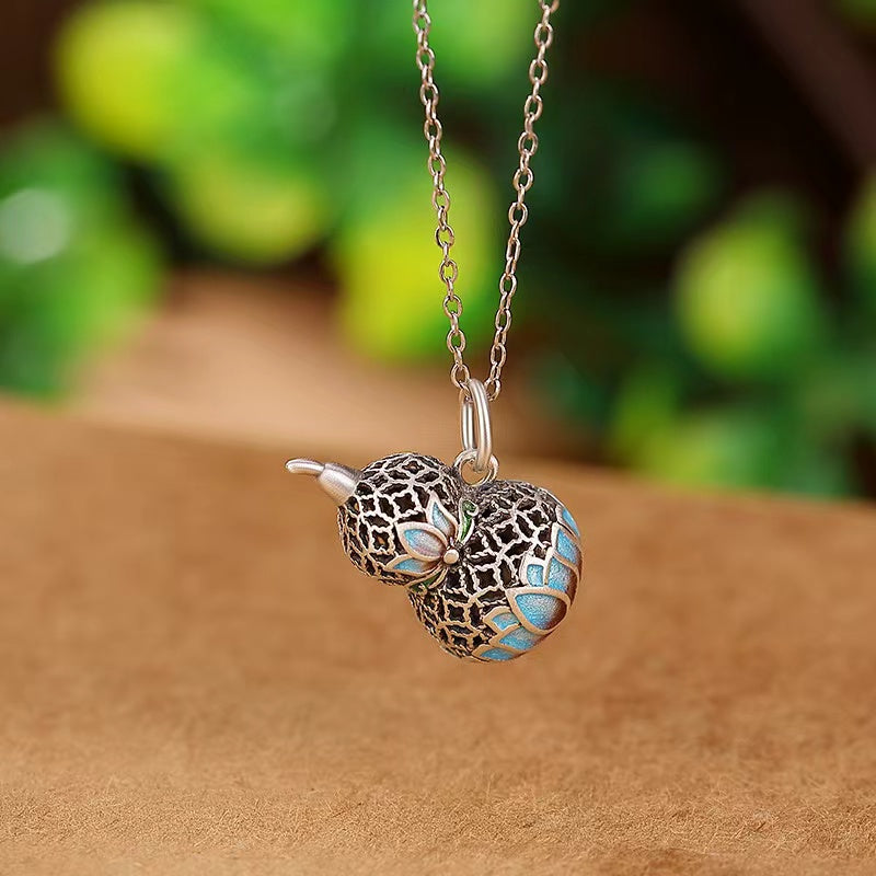 Hollow Calabash Enamel Silver Necklace-Good Fortune and Prosperity