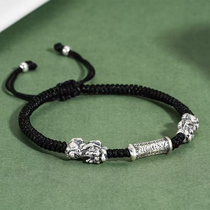 999 Silver Double Pixiu Six True Words Bracelet -Attract Luck