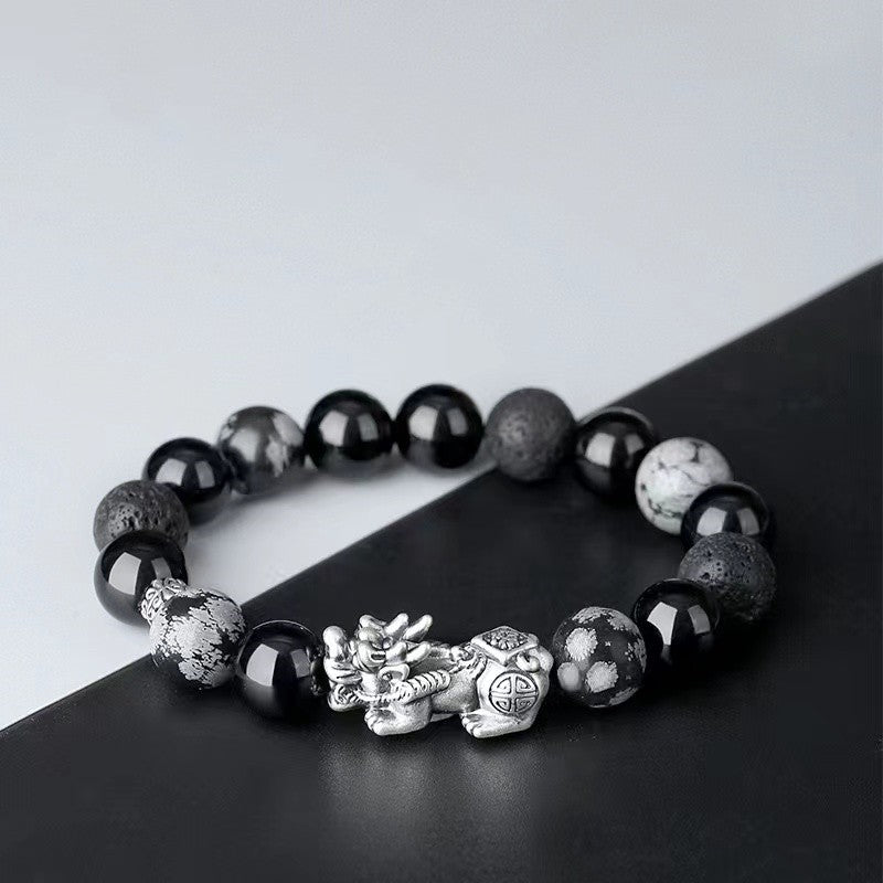 999 Silver Pixiu Obisidian Men`s Bracelet-Attract Luck