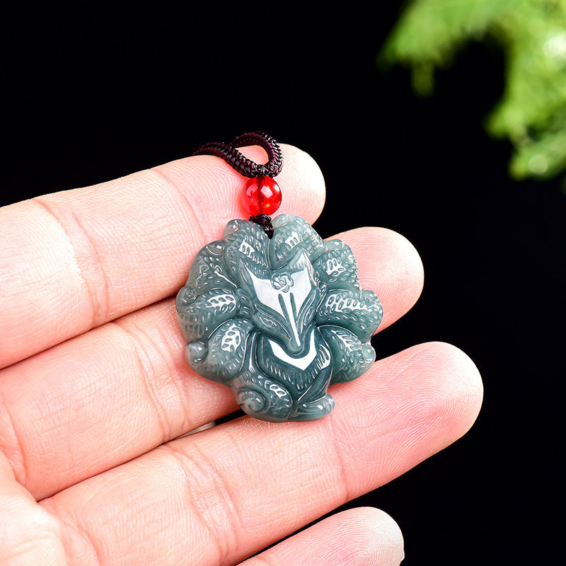 Nine-Tailed Fox Natural Blue Jadeite Pendant – Genuine A Jade Necklace in Glutinous Variety