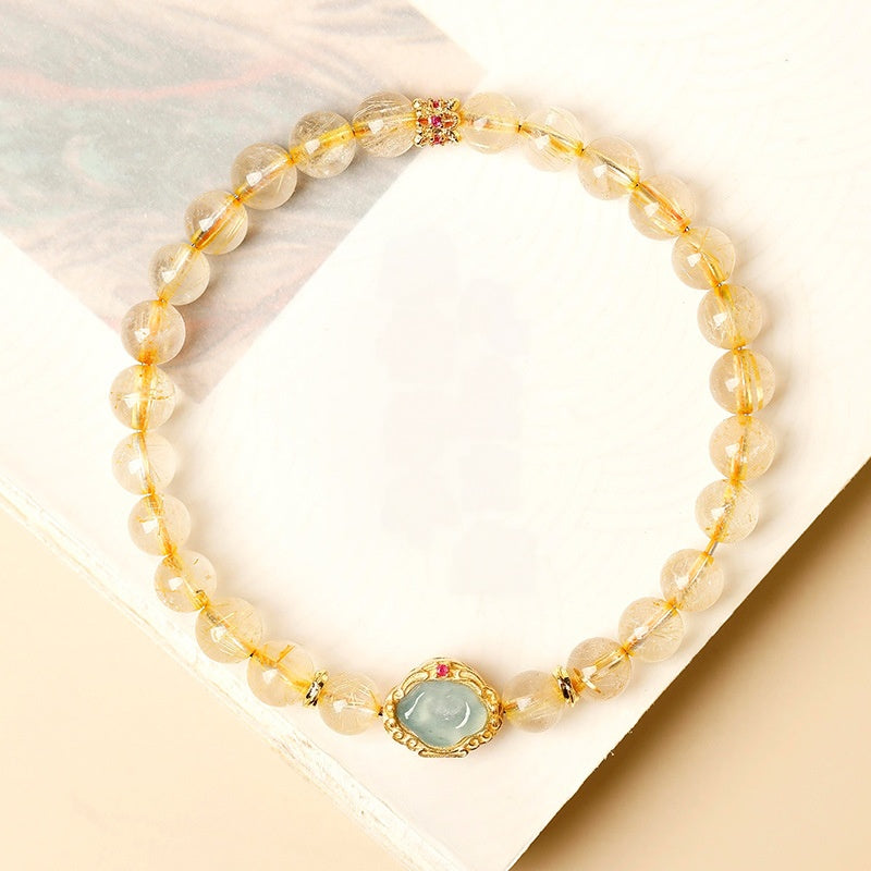 Blue-Water Jadeite Auspicious Cloud Golden Rutilated Quartz Bracelet-Steady Clarity