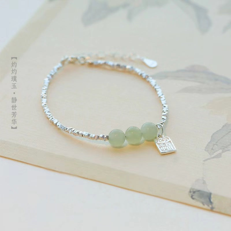 Fu Jade Beads Silver Bracelet-Prosperity