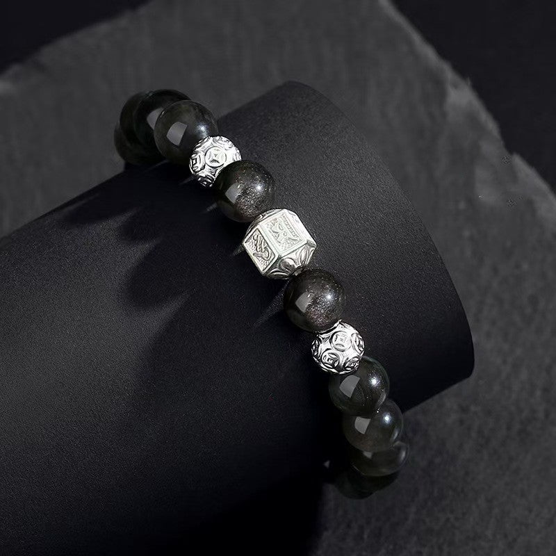 Tibetan Six True Words Obsidian Men`s Bracelet-Protection&Luck