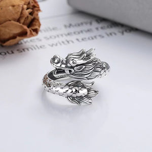 Wealth Dragon Handmade Carved Silver Ring-Fortune Prosperity