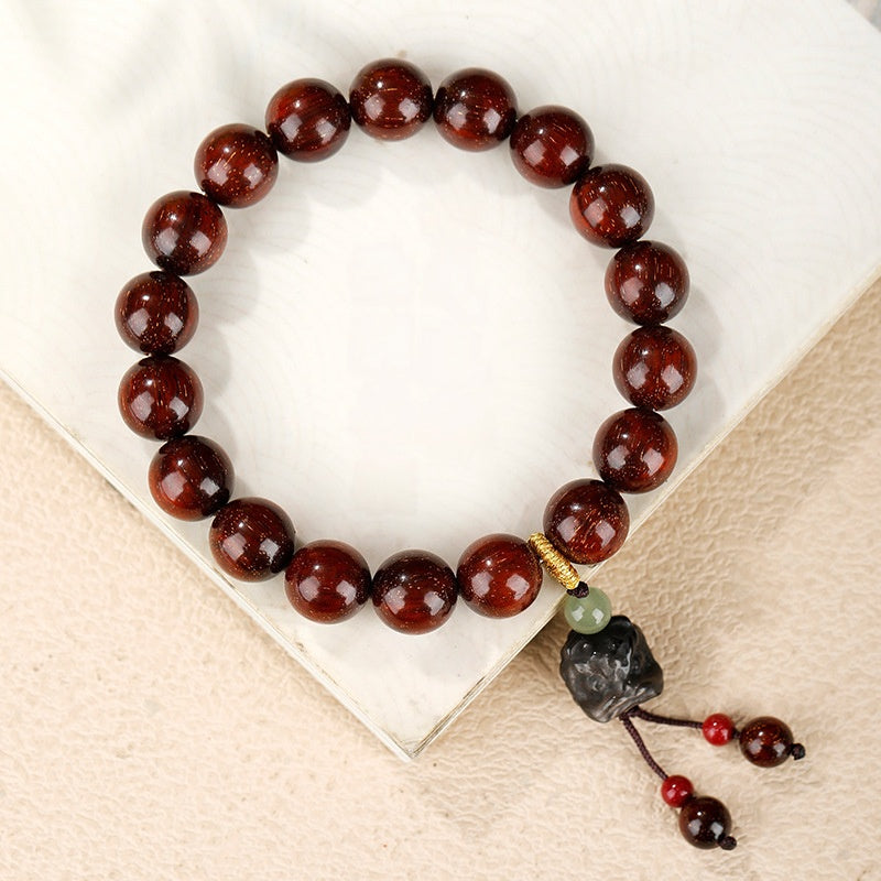 Silver Obsidian Lion Dance Head Sandalwood Bracelet-Grounded Resolve