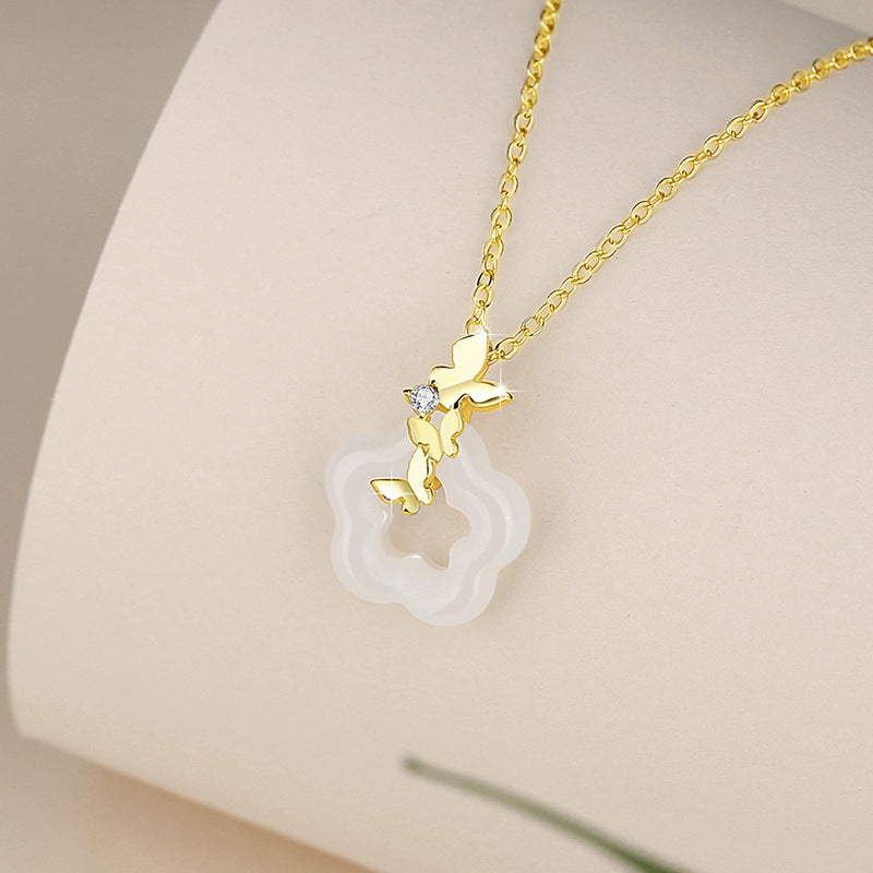Butterfly Blossom White Nephrite Jade Pendant Necklace-Grace in Bloom