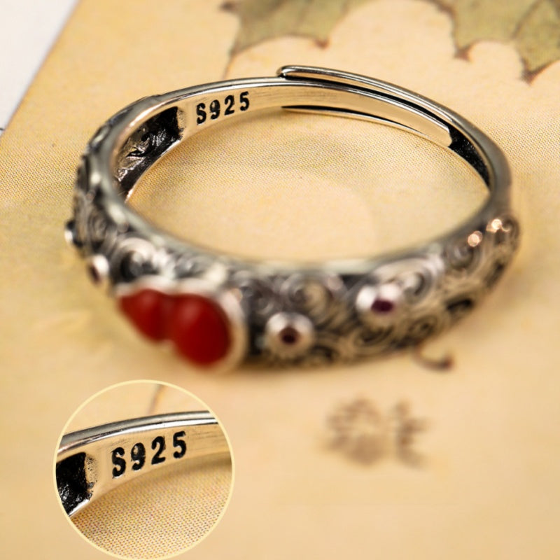 Lasting Blessings-Gourd & Cloud Red Agate Silver Ring