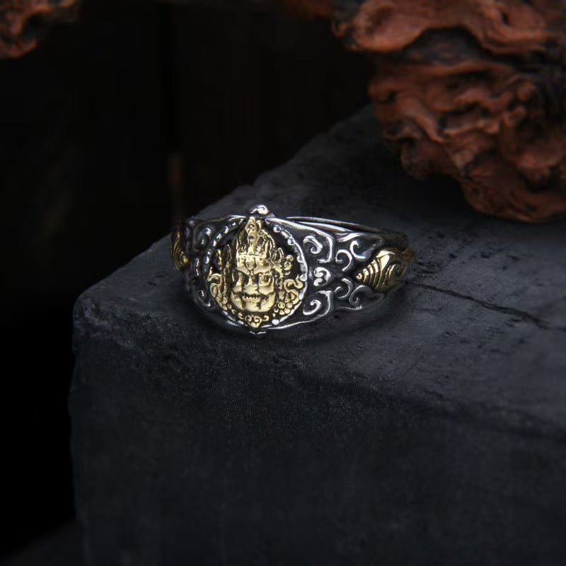 Tibetan Yellow Jambhala Men Silver Ring-Wealth+Protection