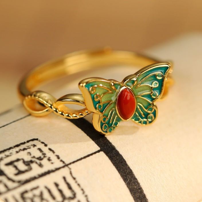 Poetry in Motion-Butterfly Enamel Red Agate Ring