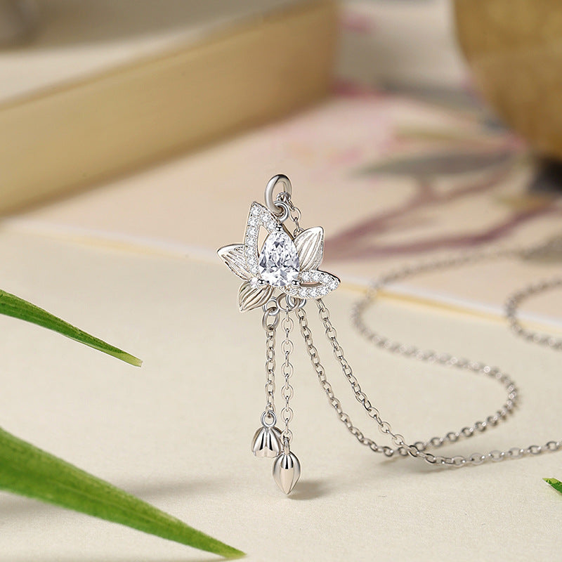 Lotus Sterling Silver Tassel Necklace-Purity in Bloom