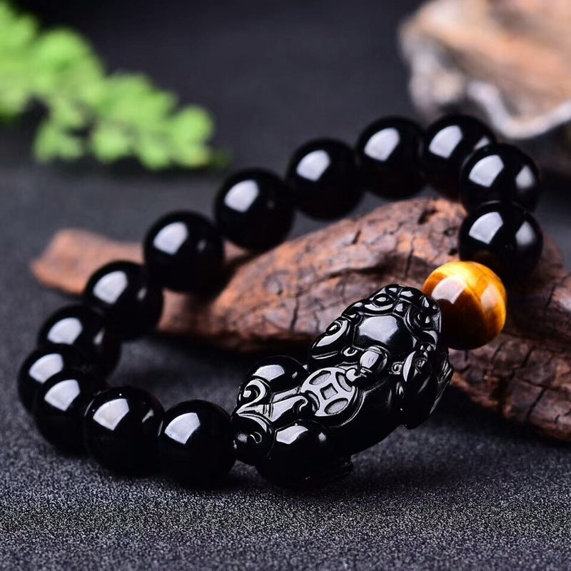 Natürlicher Regenbogen Obsidian Pixiu Gelb Tigerauge Perlen Schutz Armband
