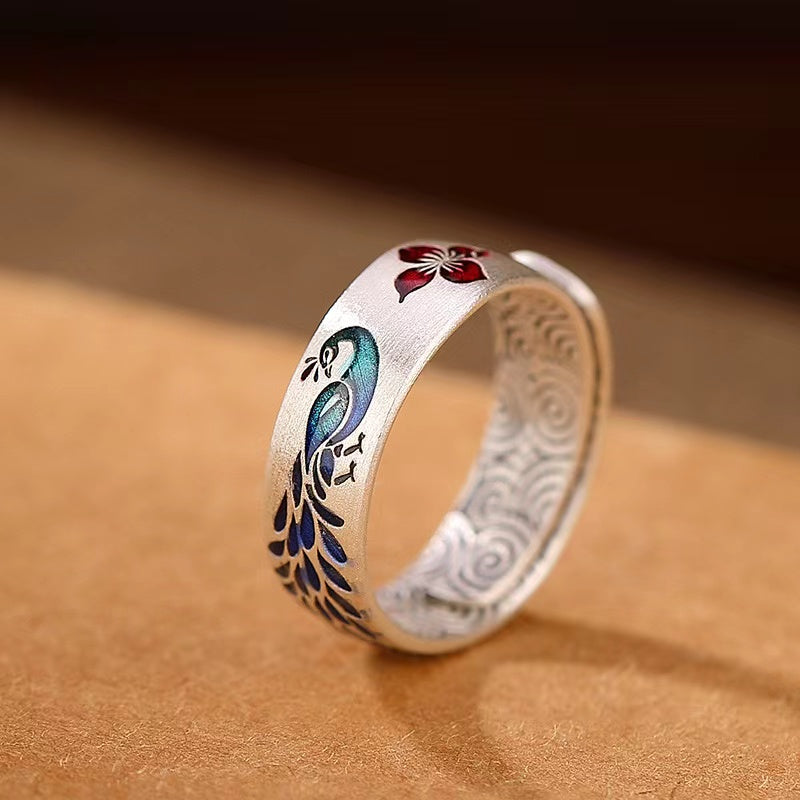 Peacoke Enamel Silver Ring-Protection Rebirth