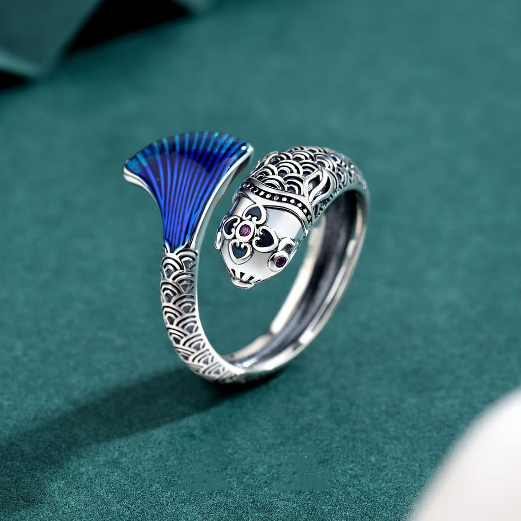 Cloisonné Koi Fish Ring – Sterling Silver Enamel Lucky Ring for Wealth and Prosperity