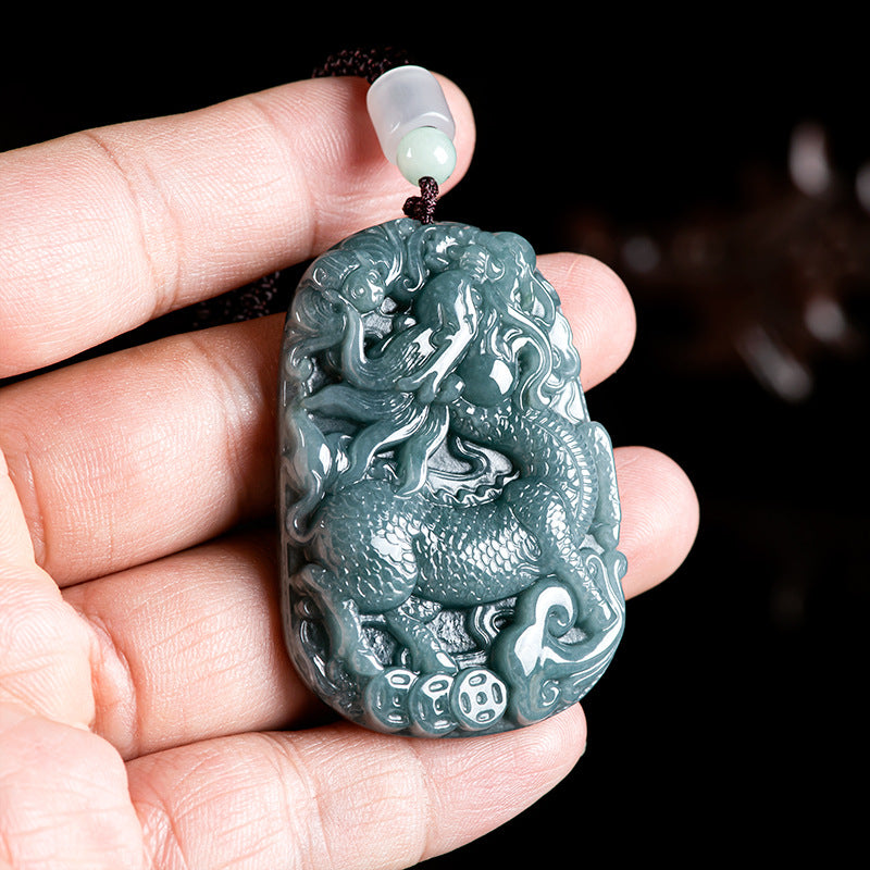 Natural Grade A Blue Jadeite Qilin Pendant – Ice Variety Jade Necklace for Men