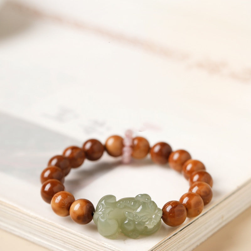 Hand-Carved Hetian Jade Pixiu Babassu Bead Bracelet-Quiet Prosperity