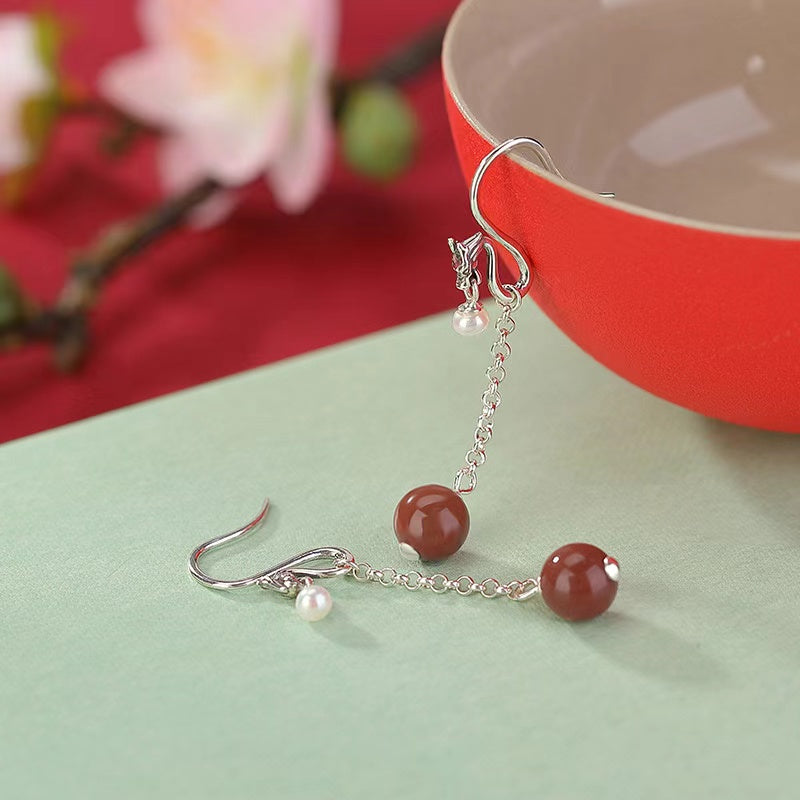 Auspicious Dragon Pearl Silver Drop Earrings-Fortune Prosperity
