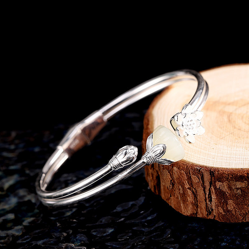 Quiet Renewal-Jade Lotus 925 Sterling Silver Bangle