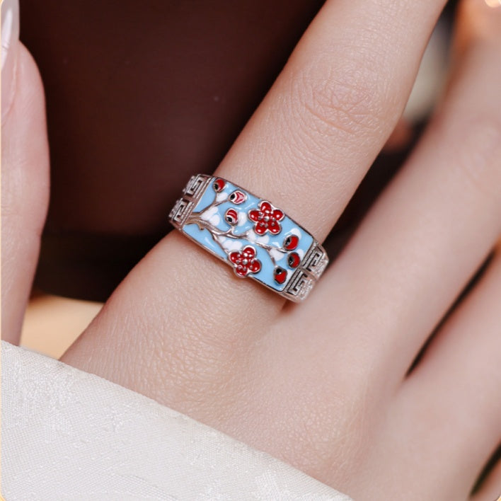 Winter Plum Blossom Enamel S925 Silver Adjustable Ring-Quiet Resilience