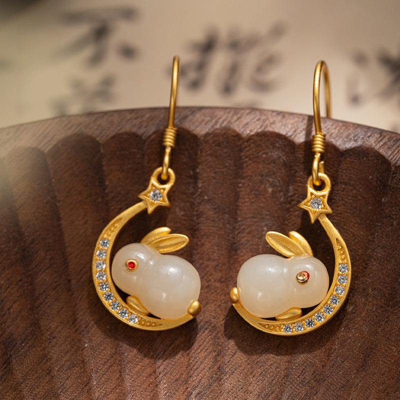 A Little Wonder-Moon Rabbit Nephrite Jade Earrings