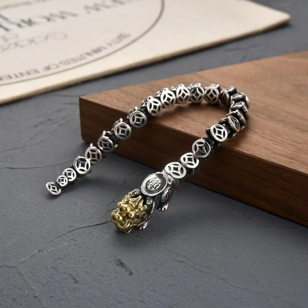 Vintage Silver-Plated Pixiu Coin Bracelet – Bold Design for Wealth & Protection