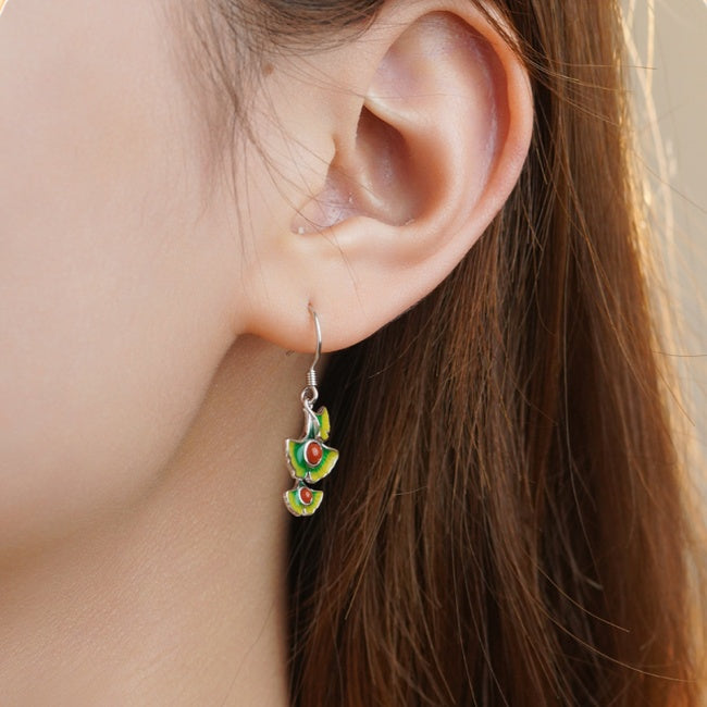 Ginkgo Leaf Red Agate S925 Silver Earrings-Autumn Poise