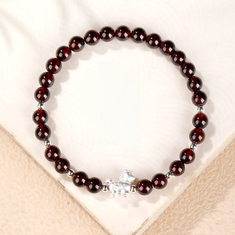 Silver Lucky Horse Garnet Bracelet-Forward with Courage