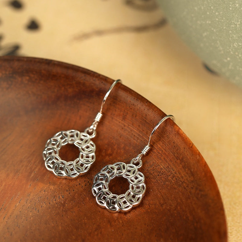 Abundant Blessings-Wealth Coin S925 Silver Dangle Earrings