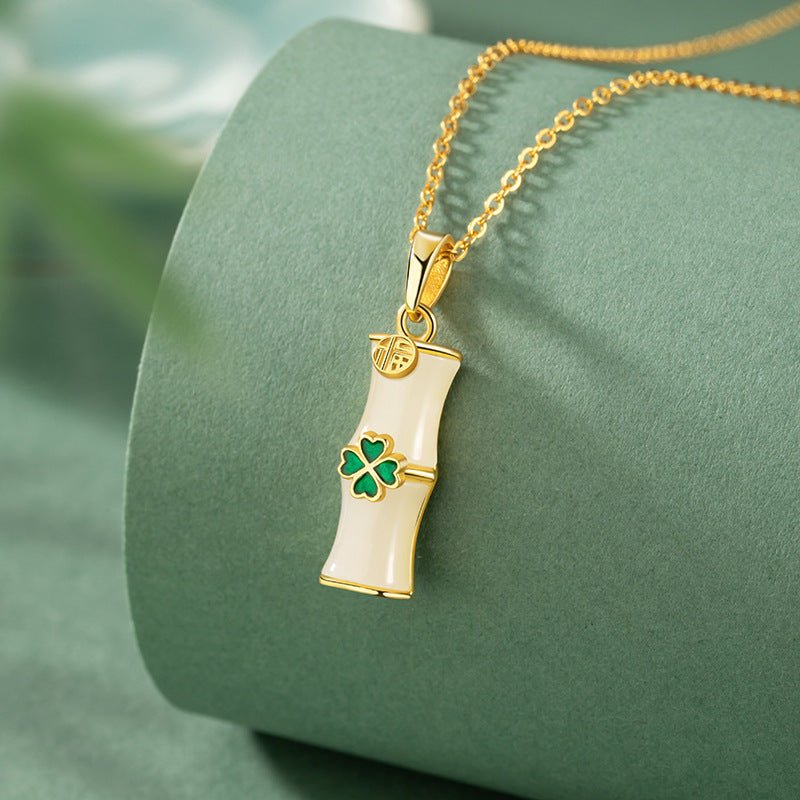 A Wish for Peace and Happiness-Bamboo Clover Nephrite Jade Necklace