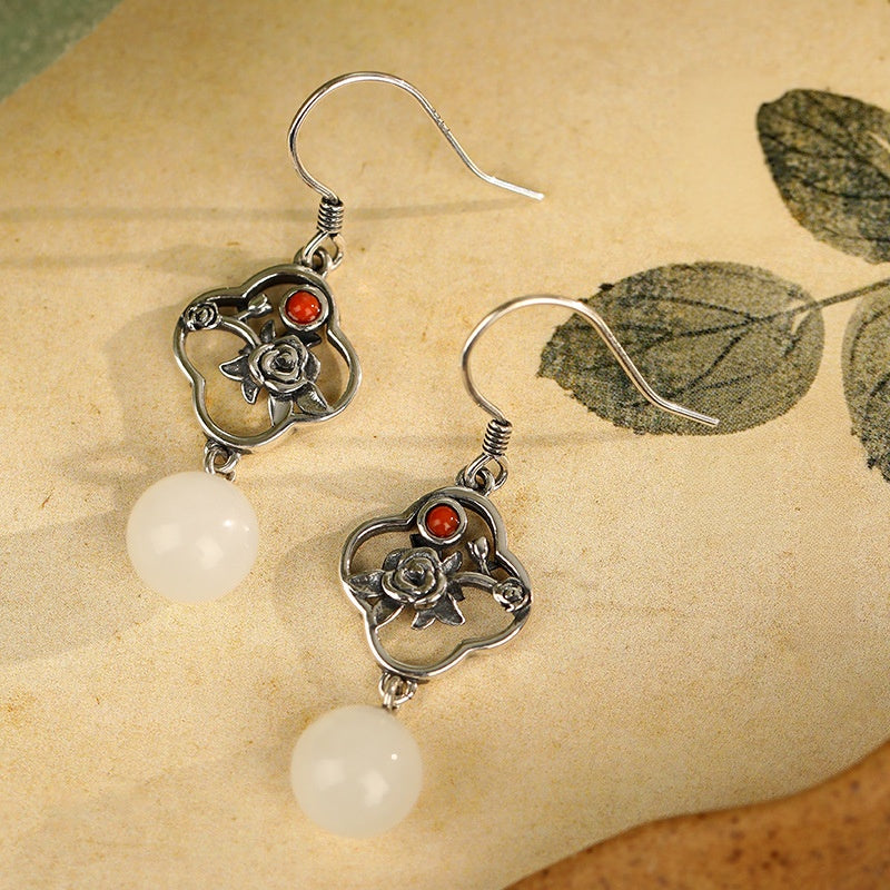 Rose Nephrite Jade Drop Earrings-A Quiet Romance