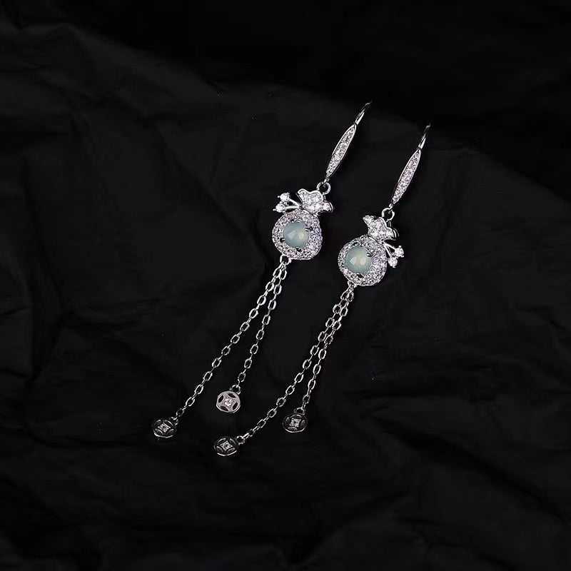 Ice Jade Money Bag Silver Drop Earrings-Luck Prosperity