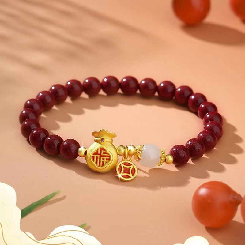 Gold Money Bag Cinnbar Beads Bracelet-Attract Luck
