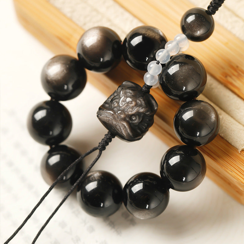 Silver Obsidian Lion Dance Car Charm-Safe Travels