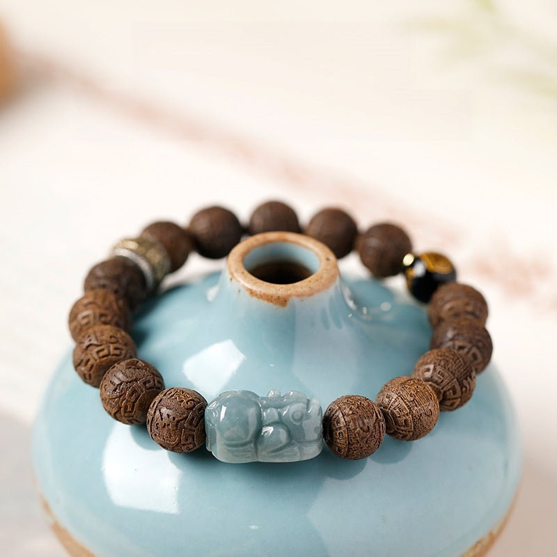 Blue Water Jadeite Pixiu Sandalwood Bracelet-Quiet Resolve