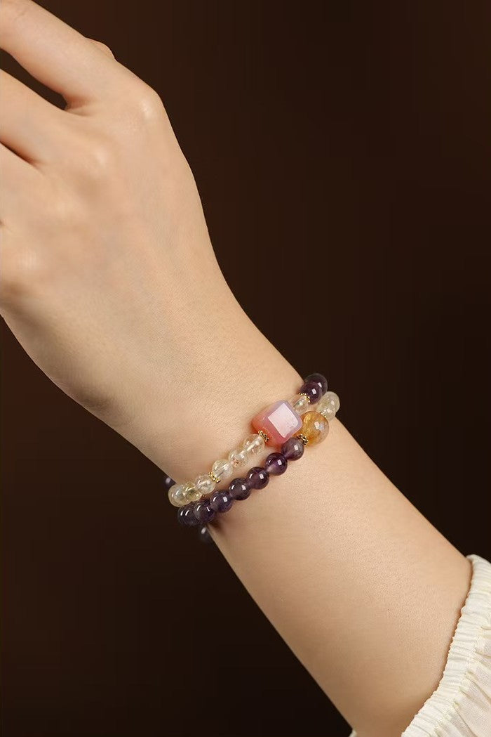 Square Pink Agate Amethyst and Citrine Double-Strand Bracelet