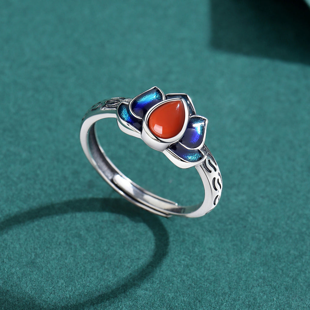 Quiet Elegance-Lotus Blue Enamel & Nanhong Agate Ring
