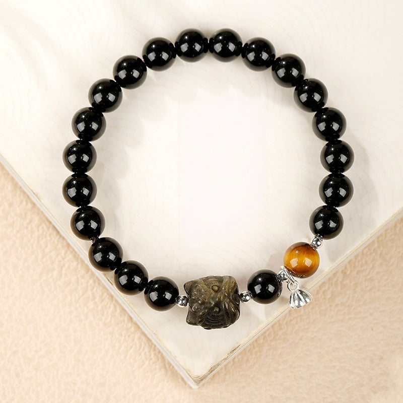 Gold Sheen Obsidian Lion Dance Head Tiger’s Eye Bracelet-Grounded Courage