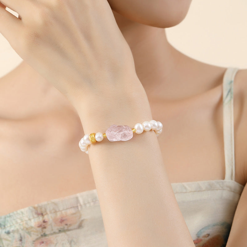 Rose Quartz Pixiu Bracelet with Pearls – 925 Silver Fortune & Peace Charm
