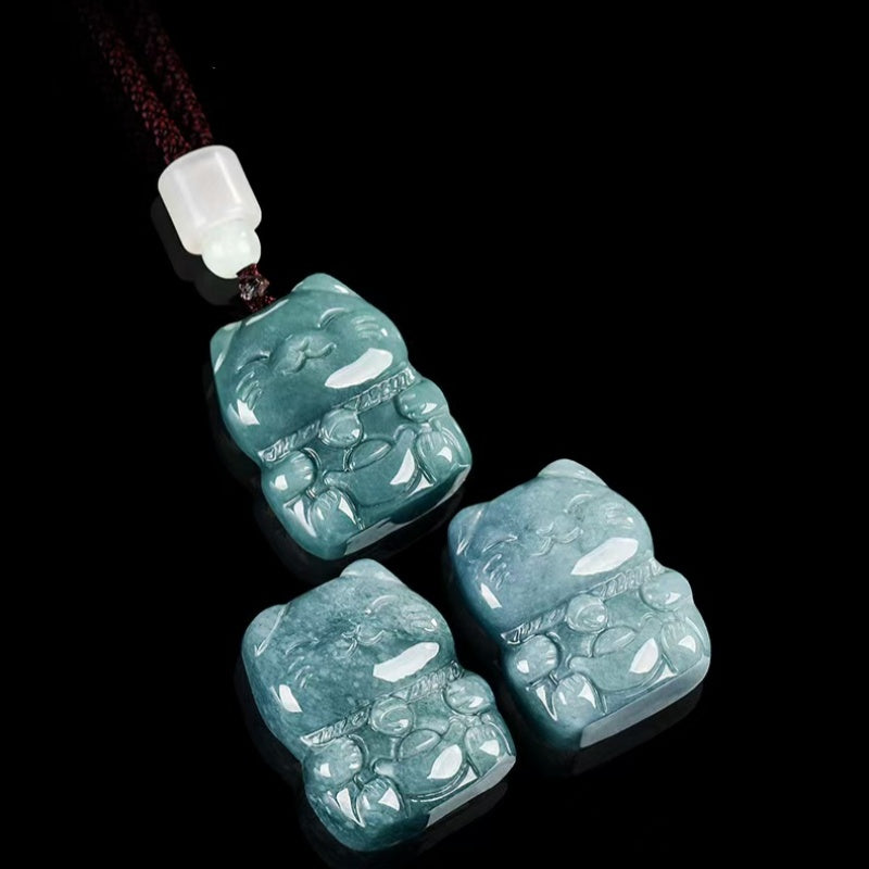 Blue Jade Wealth Cat Pendant – Prosperity, Fortune & Joy