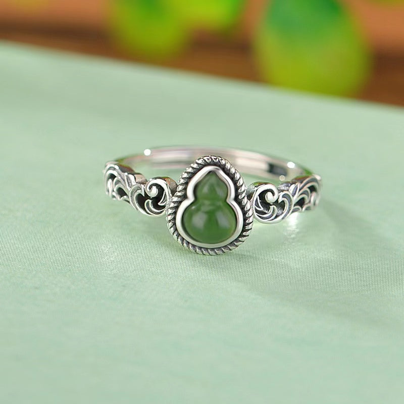 Green Jade Calabash Silver Ring-Fortune Prosperity