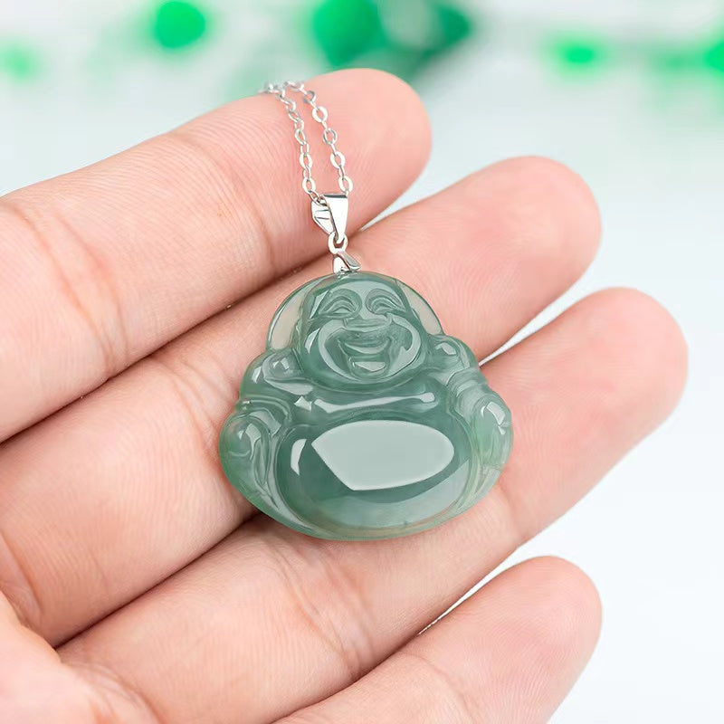 Laughing Buddha Lucky Pendant-Natural Green Jade