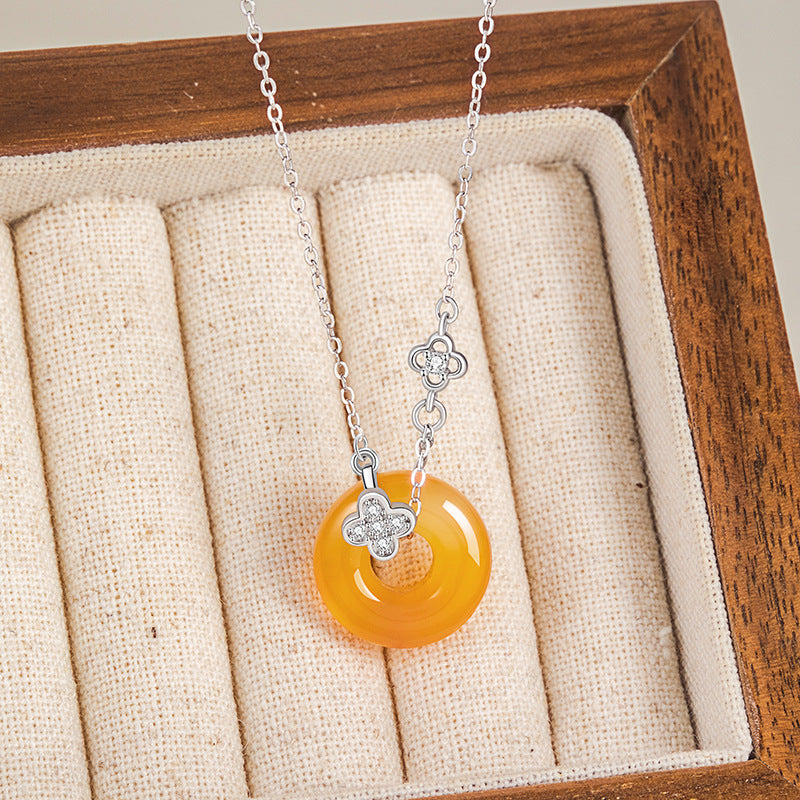 Four Leaf Clover Honey Orange Agate Necklace-Luck by Your Side
