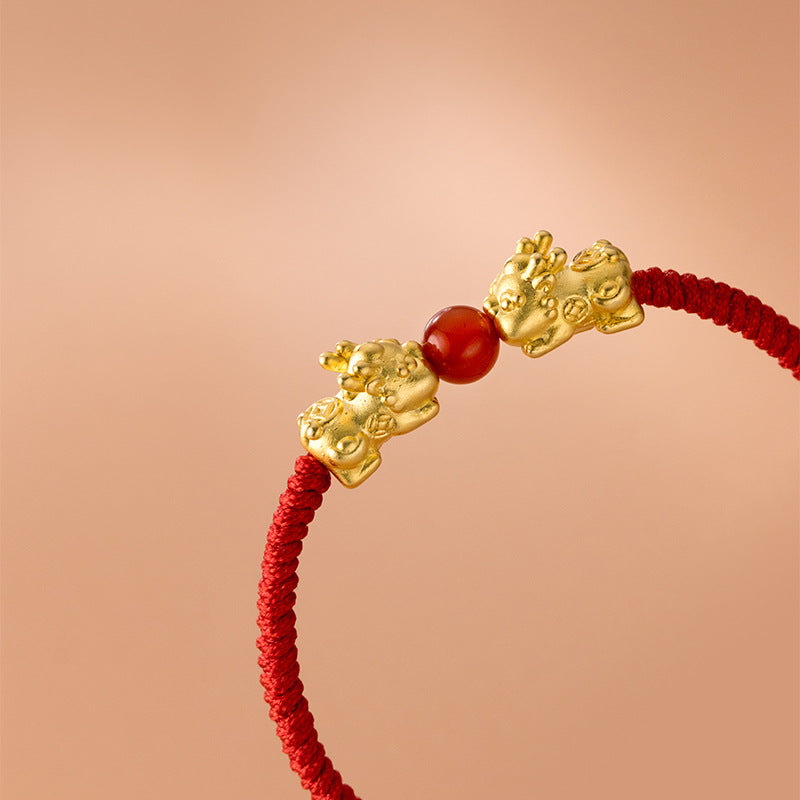 Auspicious Protection-Dual Pixiu Red Agate Red Cord Bracelet