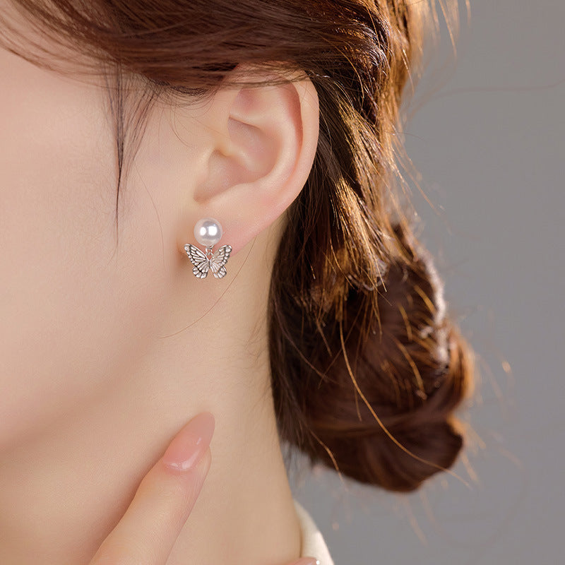 Ethereal Butterfly Pearl Silver Stud Earrings