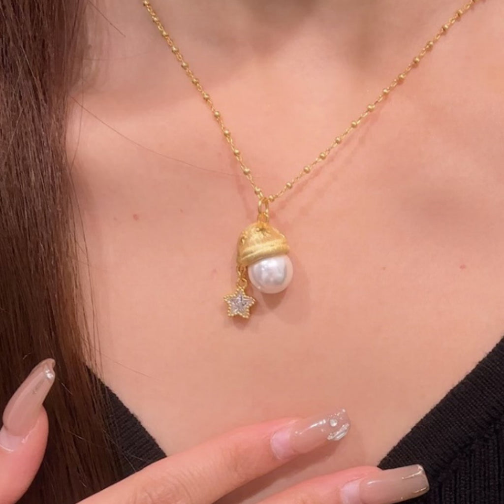 A Little Holiday Joy-Christmas Hat Pearl and Star Necklace