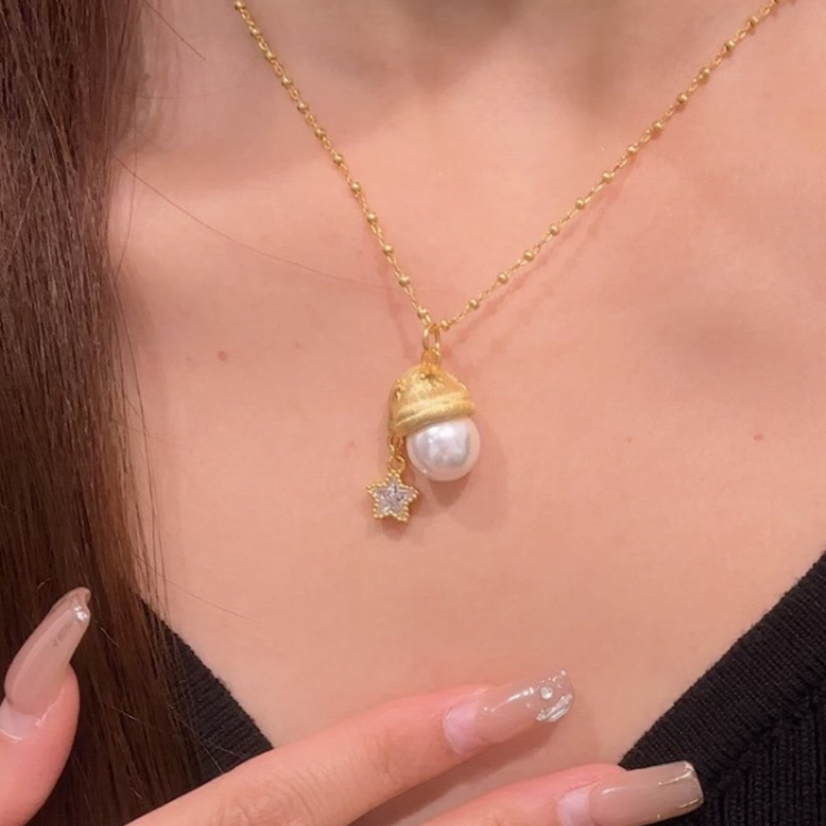 A Little Holiday Joy-Christmas Hat Pearl and Star Necklace