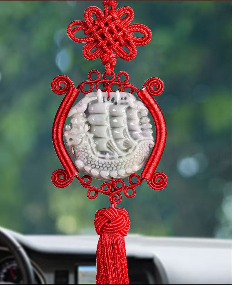 Jade Dragon Boat Car Hanging Ornament – Safe Journey & Success Charm with Red Tassel