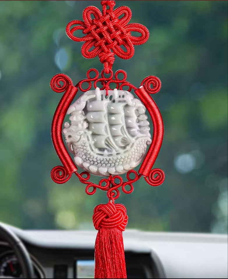 Jade Dragon Boat Car Hanging Ornament – Safe Journey & Success Charm with Red Tassel