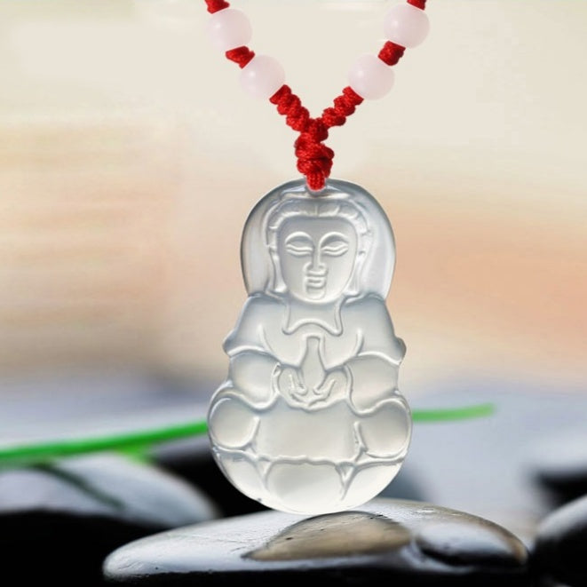 White Chalcedony Guan Yin Buddha Pendant Necklace