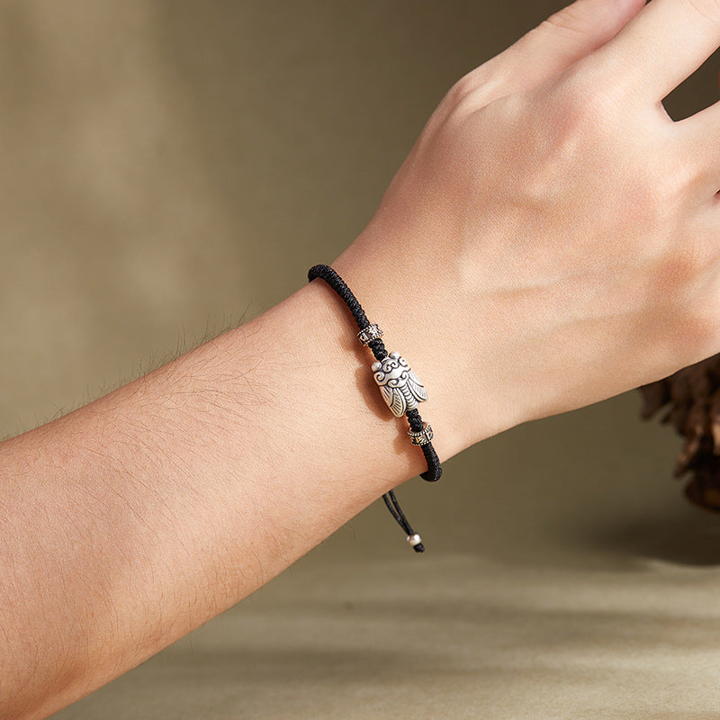 Sterling Silver Cicada Bracelet – Handwoven Cord with Vintage Finish