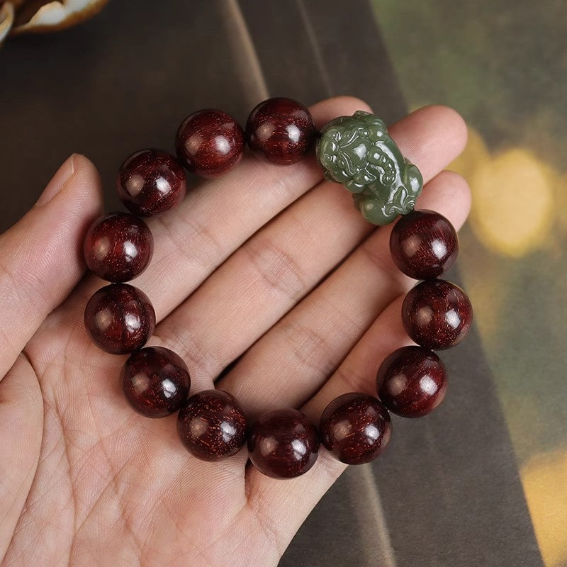 Green Jade Pixiu Sandalwood Bead Bracelet-Grounded Fortune